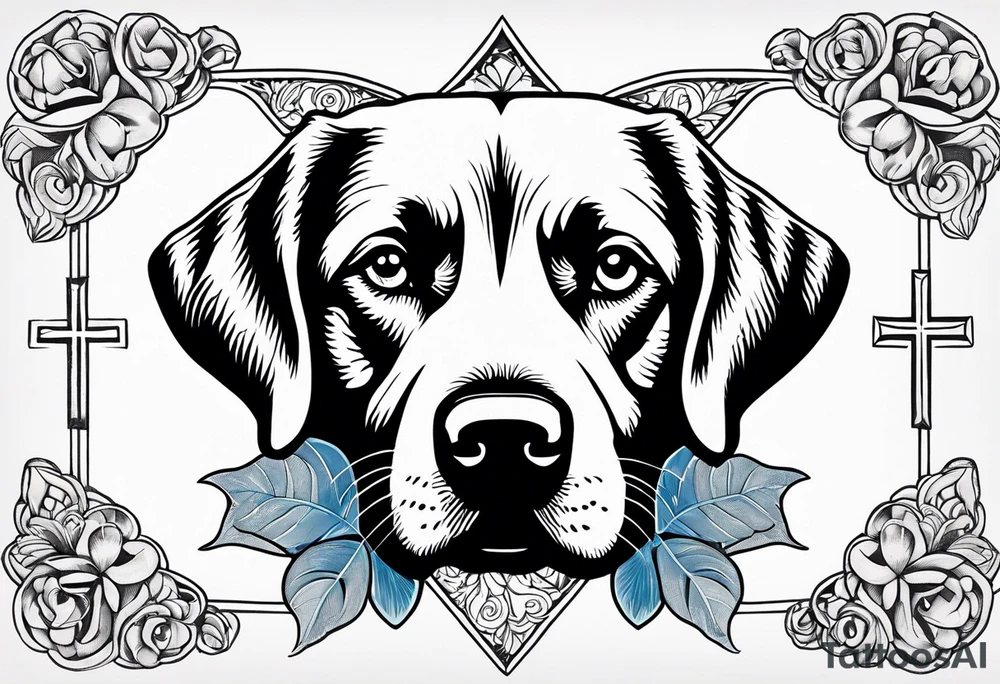 Clover leaf card with a cross and blue eyes of a Labrador retrevier and a cross tattoo idea