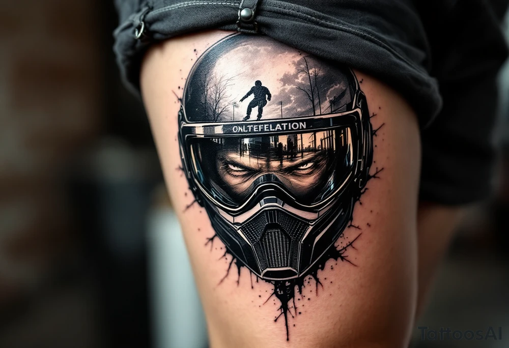 Sleek black hokey helmet with a glossy visor reflecting a skating opponent in shades of gray and blue. tattoo idea