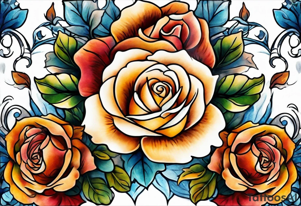 Front knee tattoo with fall colors, small flowers, rose, leaves, blue water flows with washes and background tattoo idea
