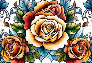 Front knee tattoo with fall colors, small flowers, rose, leaves, blue water flows with washes and background tattoo idea