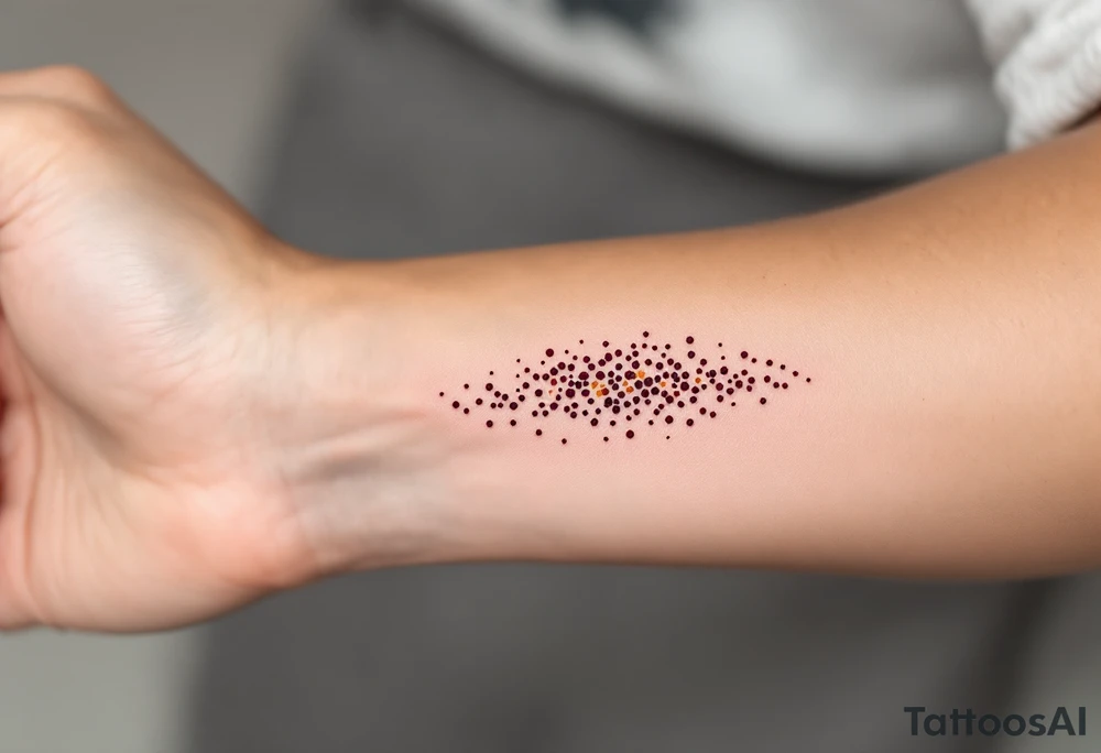 Cluster of tiny burgundy and ochre dots on the inner forearm – Organic, pollen-like design inspired by wildflowers. tattoo idea
