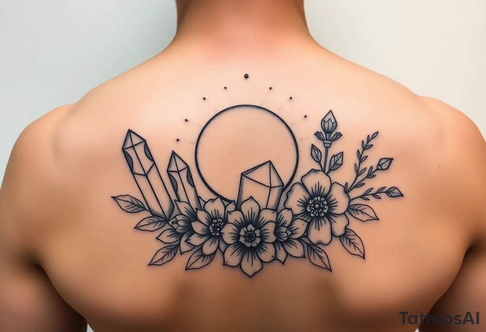 crystals and half
 moon and flowers tattoo idea