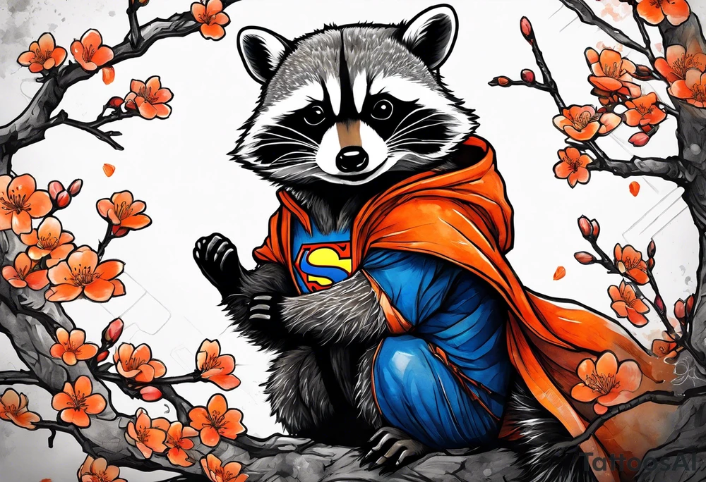 raccoon wearing a Superman hoodie with orange Japanese cherry blossoms tattoo idea