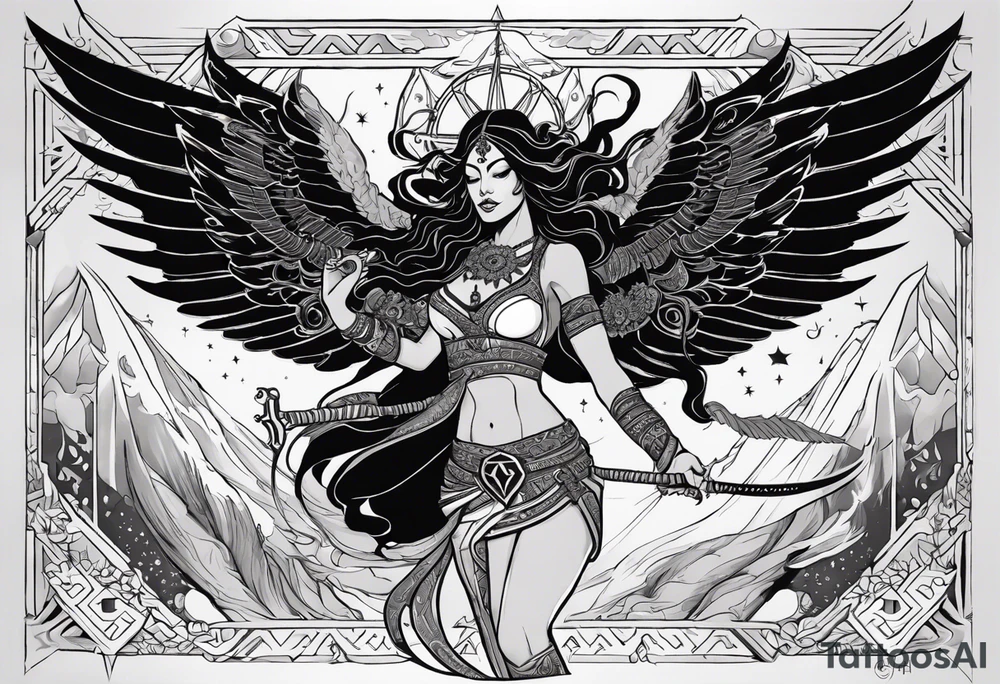 black kali, goddess pirate, alien, angel, pachamama, valkrye, warrior, flying, skull, lotus azul, wing, eagle, zenza resonance, stars, 5D, anahata chakra, death, durga, riding on a tiger, flying lady tattoo idea