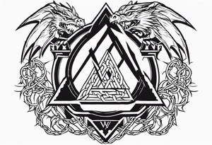 Valhalla sword shield dragon axe barbed wire chains valknut fire tattoo idea