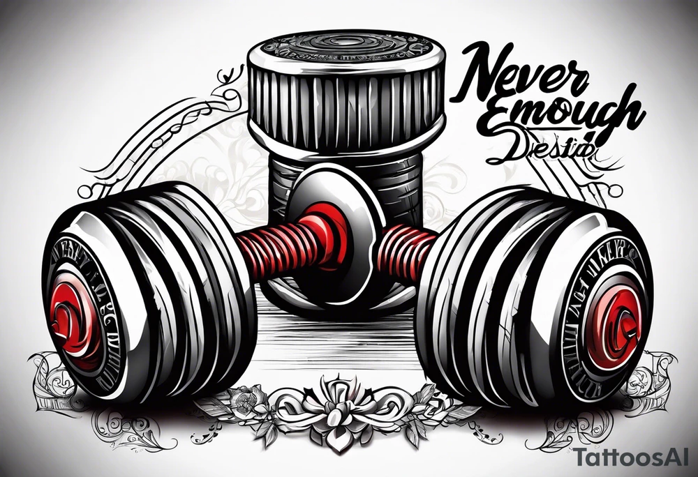 Dumbell with writing text : never enough tattoo idea