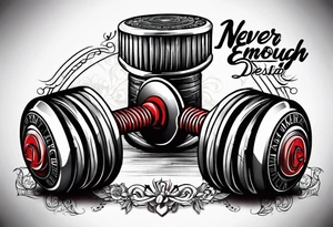 Dumbell with writing text : never enough tattoo idea