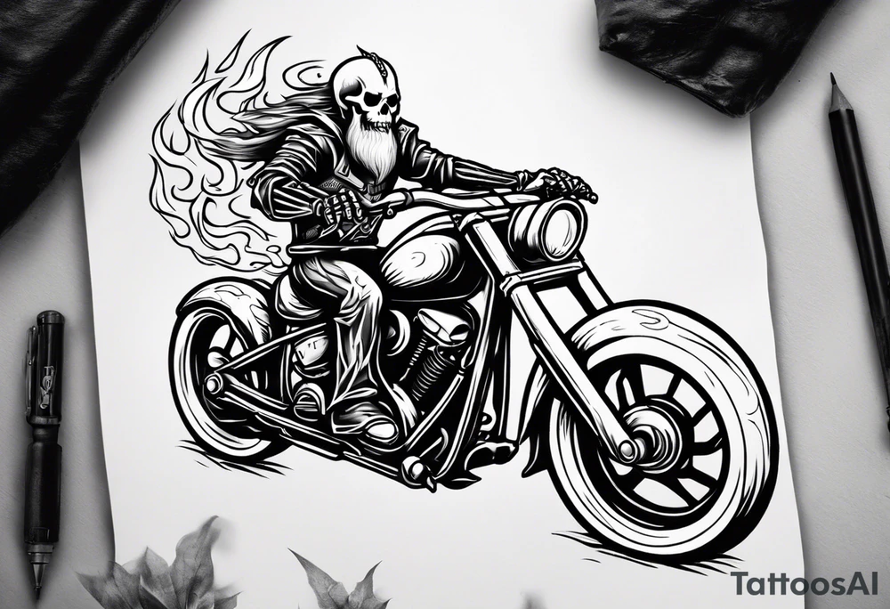 A skeleton riding a motorcycle with flames front view and a big viking face in the background tattoo idea