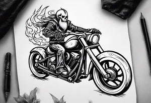A skeleton riding a motorcycle with flames front view and a big viking face in the background tattoo idea