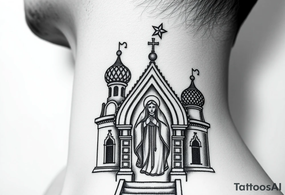 Flowing Scene

A onion domes orthodox church
Virgin Mary in prayer pose on the front doors of the russian orthodox church 
A small double headed russian coat of arms eagle or just the star tucked above the dome near the hairline tattoo idea