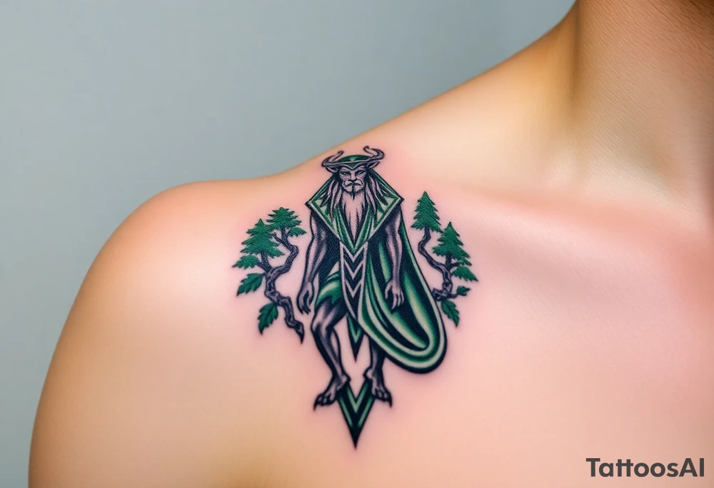 A powerful Cernunnos, the antlered Celtic god of the forest, standing among ancient oak trees, his deep emerald cloak blending into the wild landscape tattoo idea