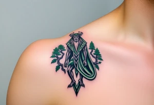 A powerful Cernunnos, the antlered Celtic god of the forest, standing among ancient oak trees, his deep emerald cloak blending into the wild landscape tattoo idea