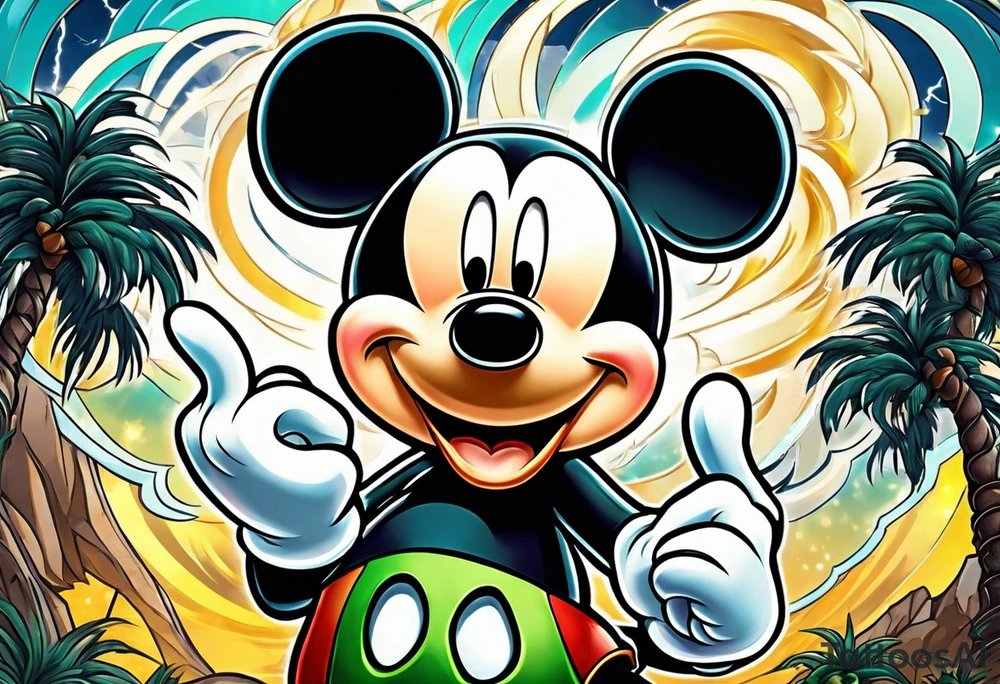 mickey mouse in a lightning storm with palm trees and the celtic symbol for family tattoo idea