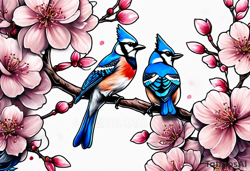 Back tattoo of a cherry blossom tree with three blue jays on the tree tattoo idea