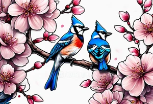 Back tattoo of a cherry blossom tree with three blue jays on the tree tattoo idea