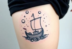 Nordic boat with cosmic sky and celestial details tattoo idea