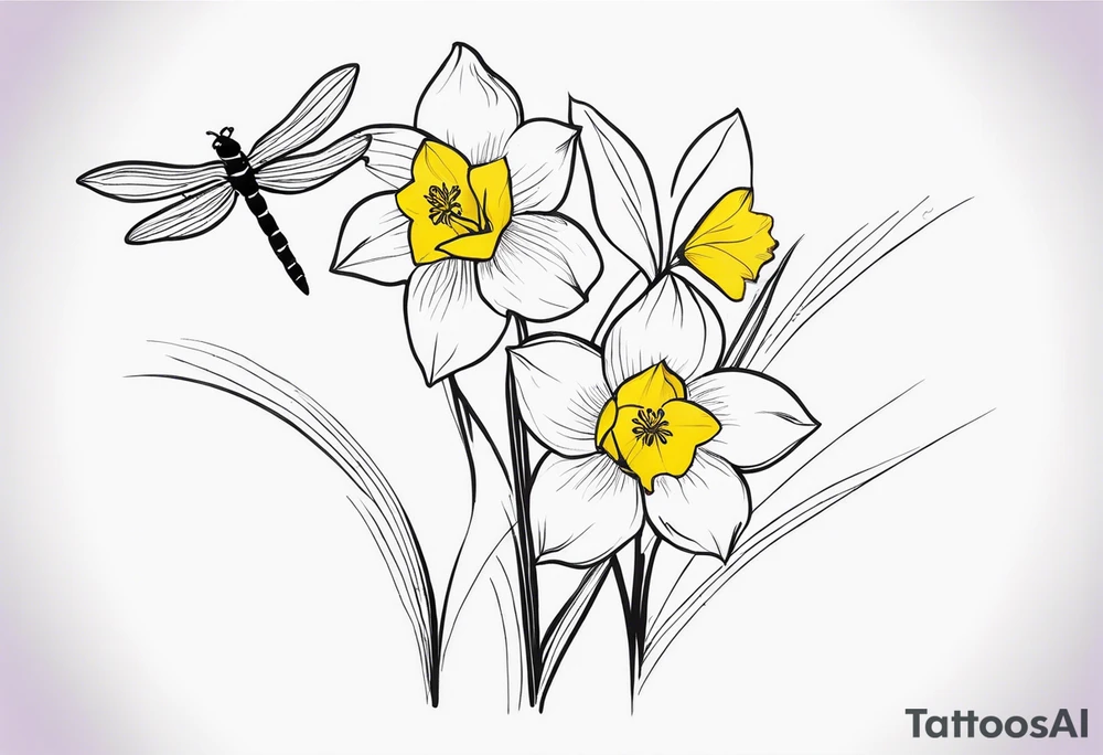 A minimalist tattoo design: Two daffodil flowers drawn with yellow lines, both blossoming from a single stem. On top of the flowers, there is a minimalist dragonfly, smaller in size than the flowers, drawn with purple lines. The stem of the daffodils extends downward and is designed to form the word ‘muadil’ in cursive handwriting, so that the stem and the writing appear as a unified whole. tattoo idea