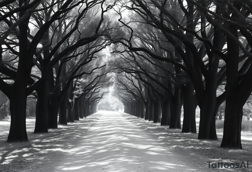Tree lined dirt road. Road is rough, not smooth. Trees are oak, lining the road unevenly, tight so little light gets through. Branches arch across the road, some meeting in the middle. Dappled sunlight where it hits. Road gets smaller in the distance. tattoo idea