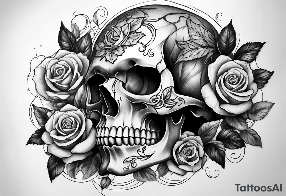 black upper arm sleeve skull rose tattoo idea