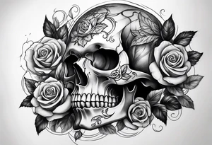 black upper arm sleeve skull rose tattoo idea
