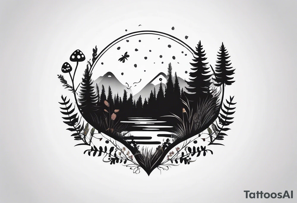 forest floor inspired minimalist tattoo, which includes grass, curly ferns, moss and dead leaves as the bulk of the tattoo. details to include: forest berries, a tiny bumblebee flying nearby, three small brown mushrooms
Generate a vertically long one tattoo idea