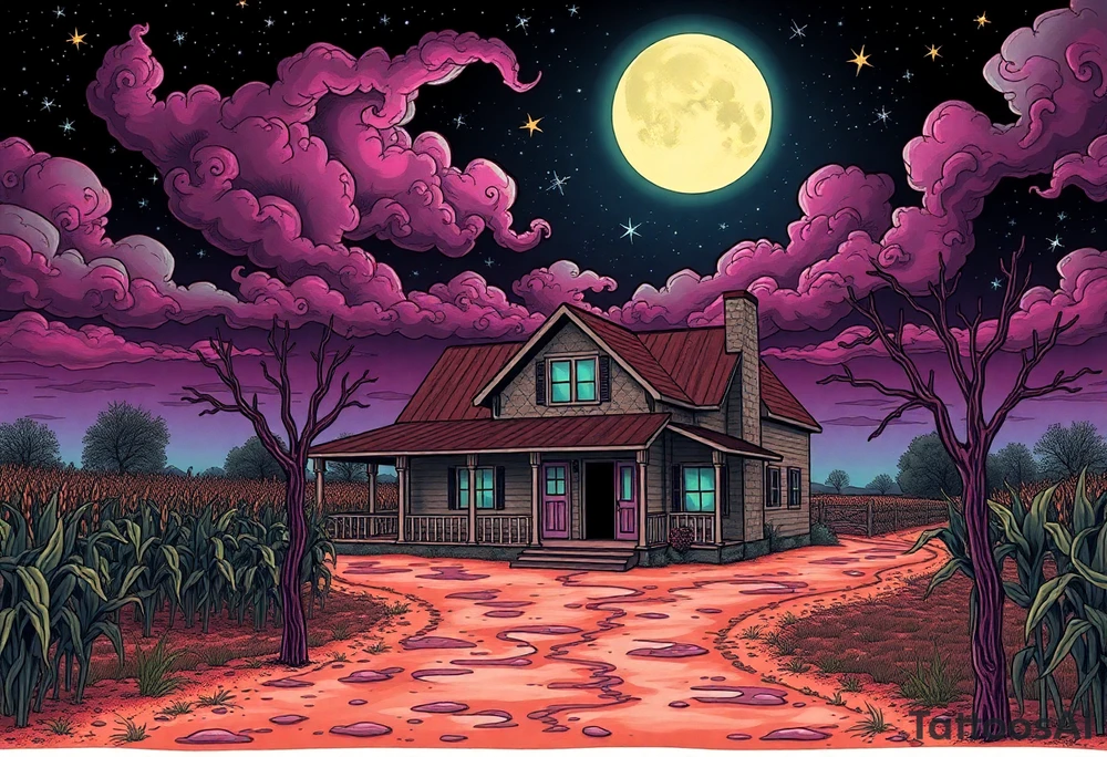 Tim Burton’s el paso texas farm house, with corn crops and pecan orchard from outside view is the street abandoned and dripping with muted reds, dusty pinks, and eerie green glow purple and cyan smokey clouds swirl and dance in the moonlit night sky filled with twinkling stars  tattoo idea tattoo idea