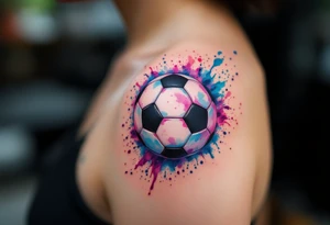 A watercolor-style soccer ball exploding with splashes of blue, purple, and pink ink. tattoo idea