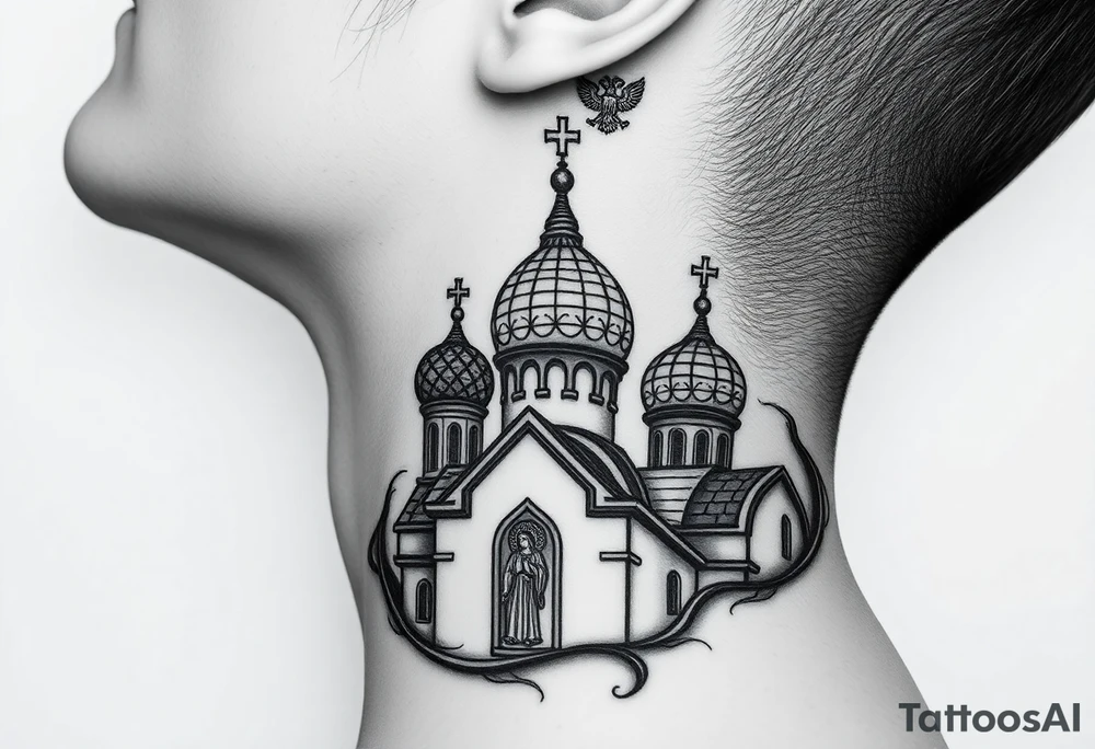 Flowing Scene

A onion domes orthodox church
Virgin Mary in prayer pose wrapping around the lower neck curve
A small double headed russian coat of arms eagle or just the star tucked above the dome near the hairline tattoo idea