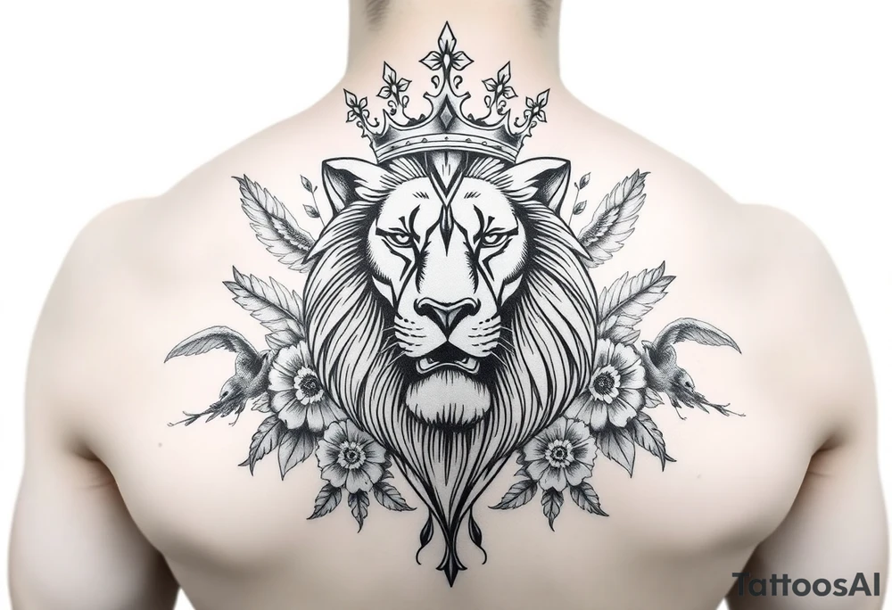 powerful majestic lion with a crown, surrounded by floral ornaments and birds tattoo idea