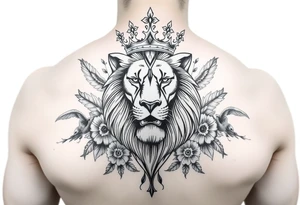 powerful majestic lion with a crown, surrounded by floral ornaments and birds tattoo idea