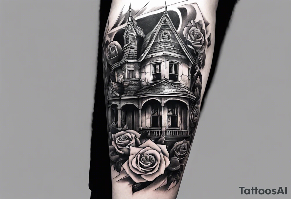 fool sleeve,, abandoned old gotic house, broken sword, roses, tattoo idea