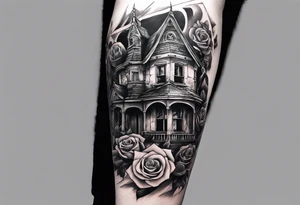 fool sleeve,, abandoned old gotic house, broken sword, roses, tattoo idea