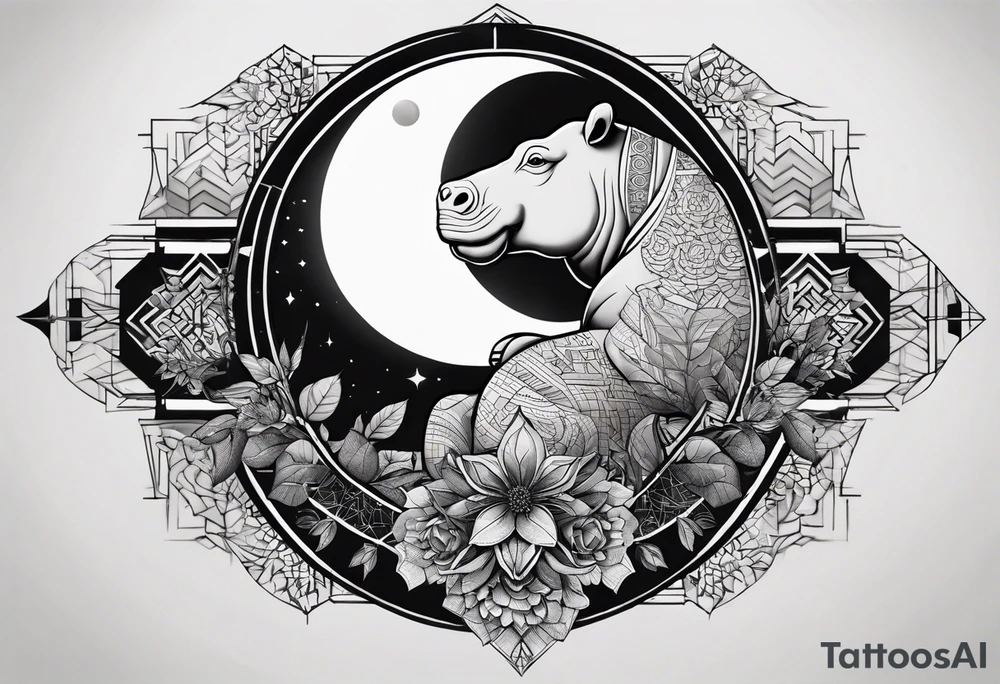 Very asymmetrical, +geometric pattern, with realistic full moon, with hippo at side look, +tribal, +geometric, +inkart , +blackwork, +grey scale, + sketch
with wintersweet flower bud, +inkart touch, +for men tattoo idea