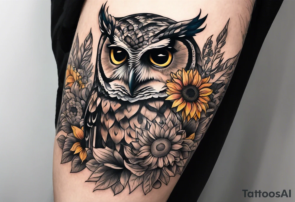 Arm sleeve with colorful sunflowers and an owl tattoo idea