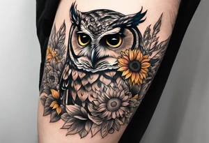 Arm sleeve with colorful sunflowers and an owl tattoo idea