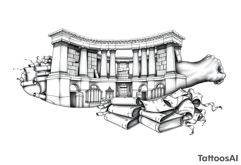 The library of Alexandria with books and scrolls of knowledge beneath tattoo idea