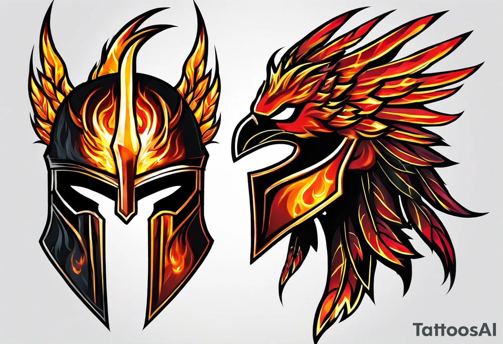 A Spartan Helmet with a phoenix engulfed in fire encompassing it. The head of the phoenix would be above it and the wings would go around it and the tail would be below it. Fire would be tattoo idea