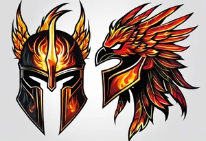 A Spartan Helmet with a phoenix engulfed in fire encompassing it. The head of the phoenix would be above it and the wings would go around it and the tail would be below it. Fire would be tattoo idea