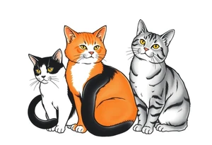 three cats, one black and white cat, one orange and white cat and one grey tabby cat tattoo idea