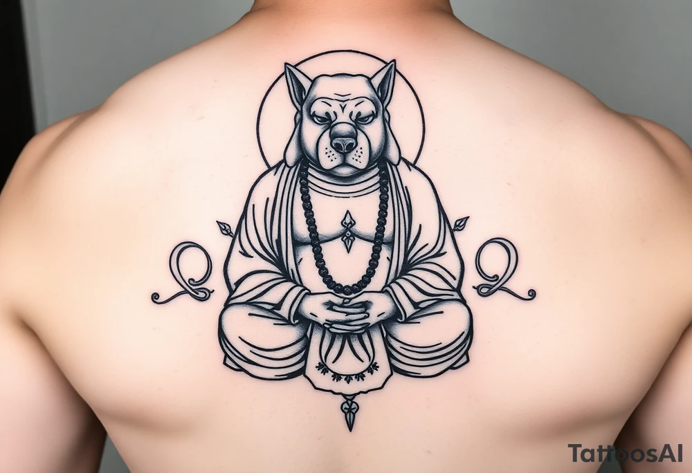Meditating fat Buddha with dog head tattoo idea