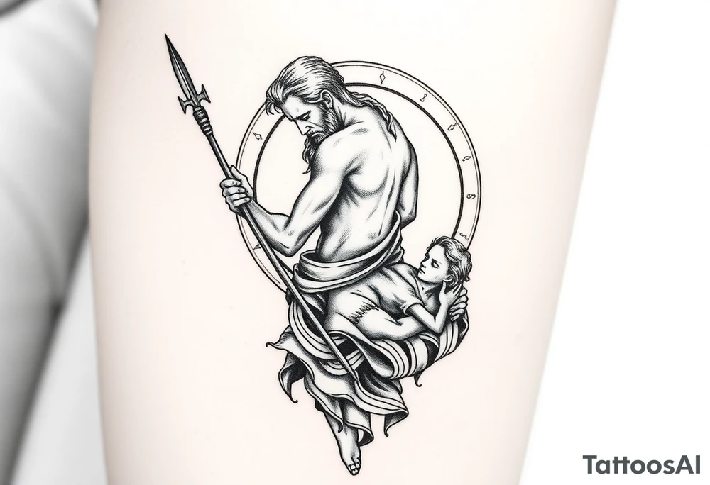 a tattoo design of the God Saturn but older and nearly dying holding his spear looking down using the spear to keep himself upright, in his other arms cradling a twin dying younger version of himself. The gemini constellation is in the background behind the Saturn Gods. Long vertical form as this will be on a thigh - include the planet Saturn rings going round the design tattoo idea