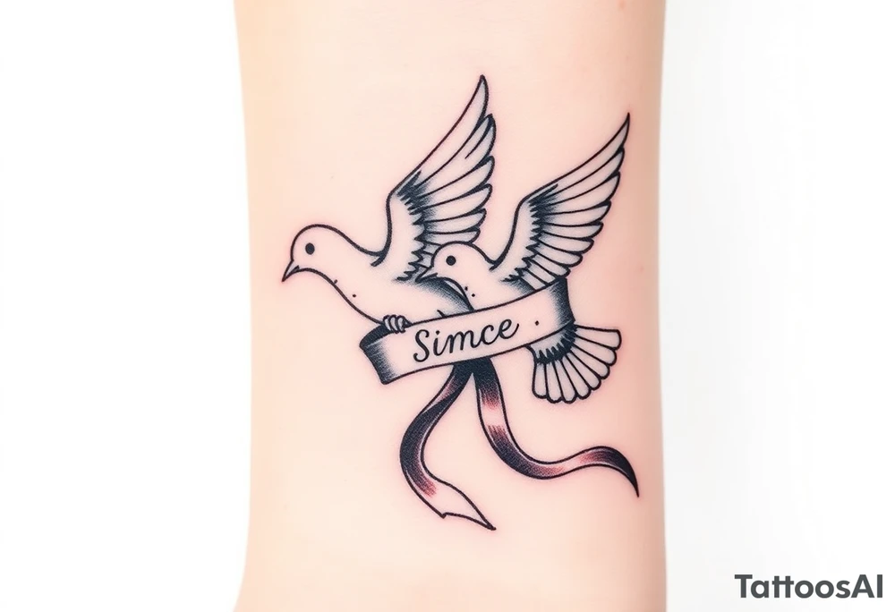 A pair of doves in mid-flight, carrying a silk ribbon with the wedding date "since" 2018. tattoo idea