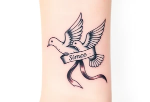 A pair of doves in mid-flight, carrying a silk ribbon with the wedding date "since" 2018. tattoo idea