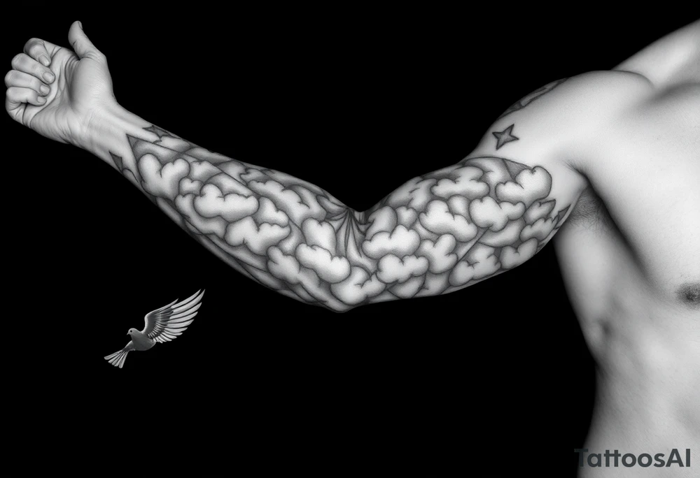 Big cross with clouds in the back everywhere  with a dove a the bottom left of the forearm with a blue circle ring it and the number 4 to the of the dove with whole tattoo covering the whole forearm and add fire tattoo idea
