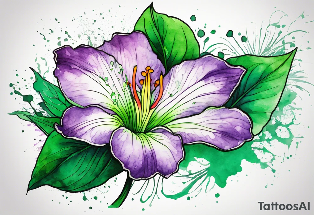 An outline of an only green rio dipladenia flower and a green and purple watercolor splash in the background tattoo idea