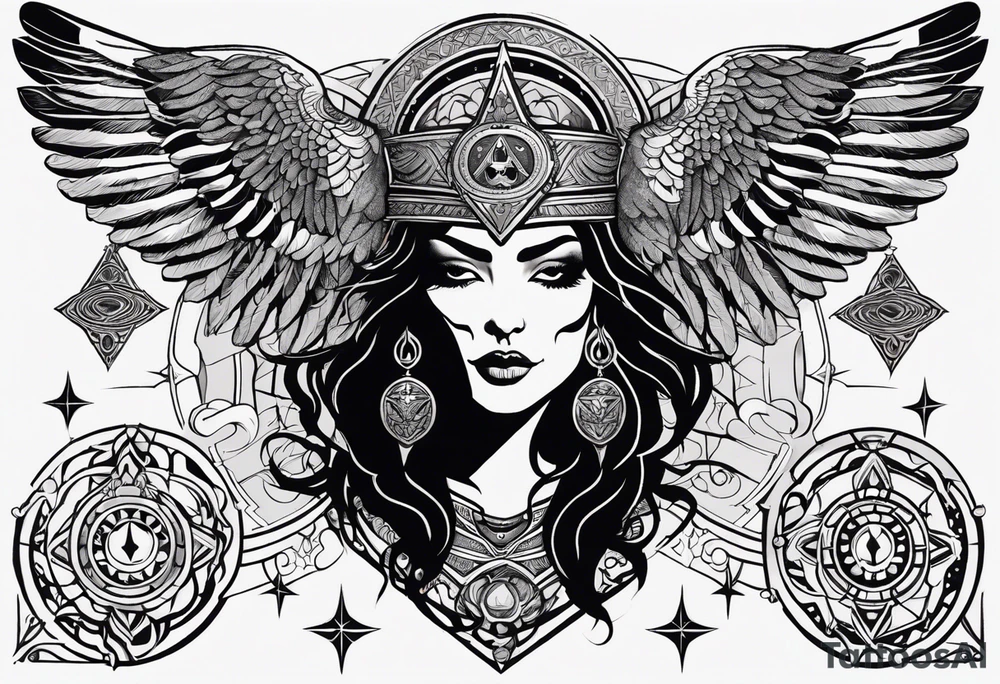 black kali, goddess pirate, alien, angel, pachamama, valkrye, warrior, flying, skull, lotus azul, wing, eagle, zenza resonance, stars, 5D, anahata chakra, death, durga, riding on a tiger, flying lady tattoo idea