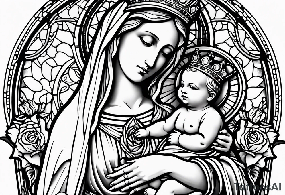 blessed virgin mary holding baby jesus with crown with roses and stained glass windows tattoo idea
