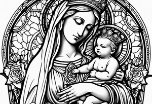 blessed virgin mary holding baby jesus with crown with roses and stained glass windows tattoo idea