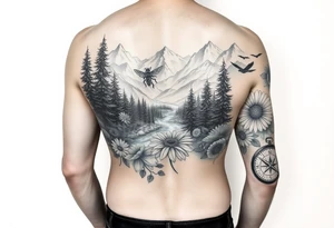 black and white full-sleeve tattoo realistic nature landscape majestic river flowing down bright mountains trees, daisies, chrysanthemums a real bee on one flower a large compass on the forearm tattoo idea