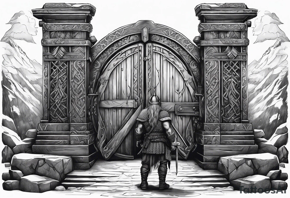 A Viking standing in front of the gate to the valhalla. tattoo idea